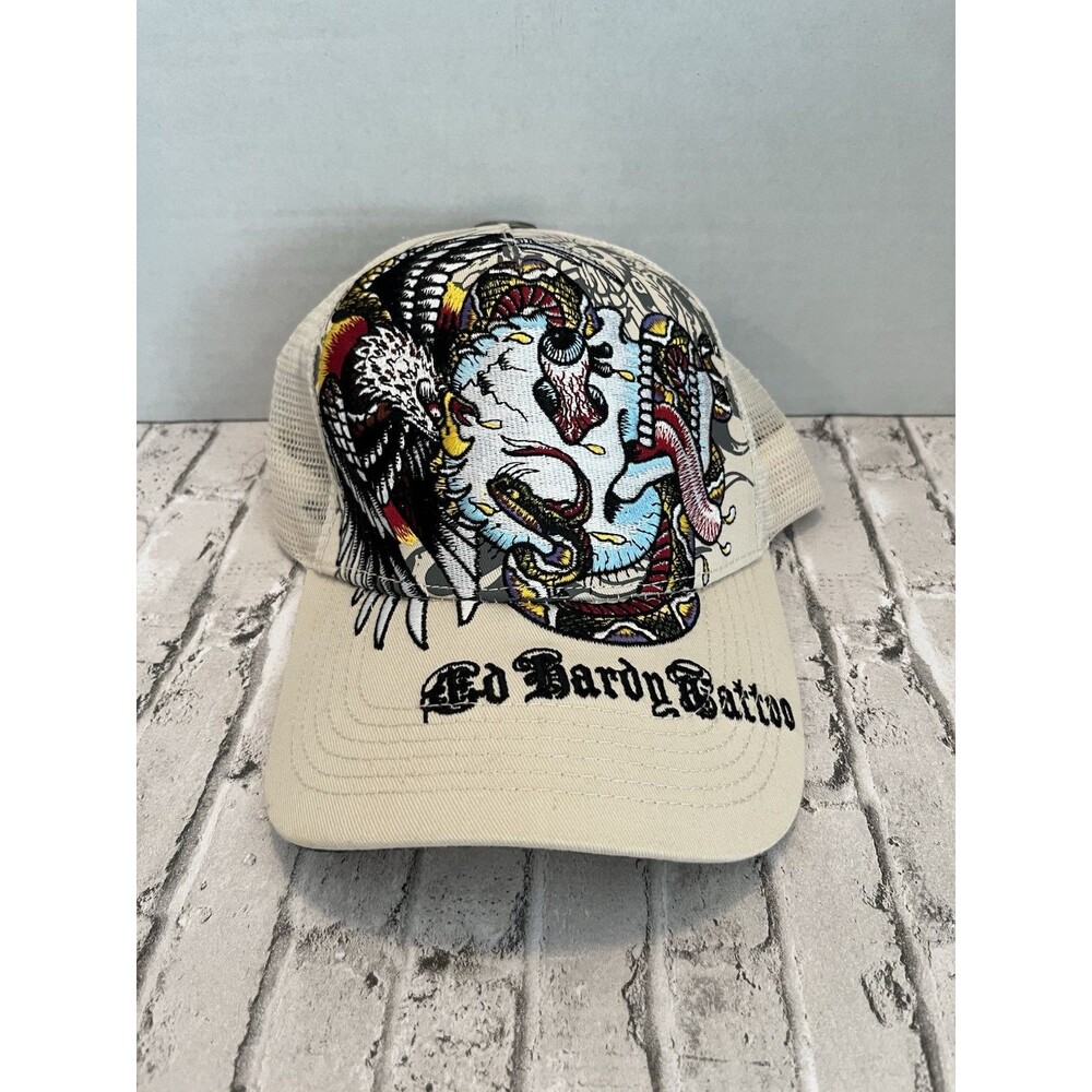 Ed Hardy Trucker Hat Embroidered Tattoo Battle Skull Cream Snapback Mesh Cap